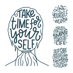 Set with lettering slogans about love yourself. Funny quotes for blog, poster and print design. Modern calligraphy text about self care.
