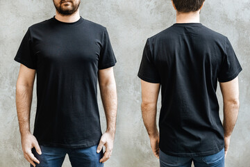 Young man with a beard in an empty black casual t-shirt. Front and rear view on a background of...