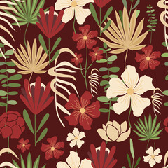 Vector seamless pattern, red and white flowers on a dark background. Fashion illustration in trend