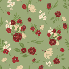 Vector seamless pattern, delicate red and cream flowers and greens on a green background. Fashion illustration in trend