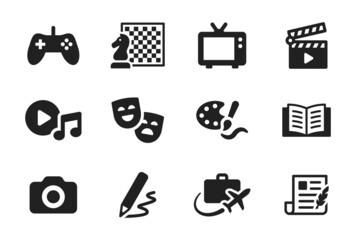 Set of hobby icon vector. Containing console game, chess, television, movie, music, theater, painting, reading, camera, drawing, traveling and writing icon design.