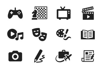 Set of hobby icon vector. Containing console game, chess, television, movie, music, theater, painting, reading, camera, drawing, traveling and writing icon design.