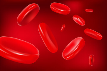 Red background with flow of erythrocytes in plasma. Realistic blood cells. Vector illustration - obrazy, fototapety, plakaty