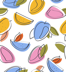 Vector mango seamless pattern. Summer outline fruit on white background