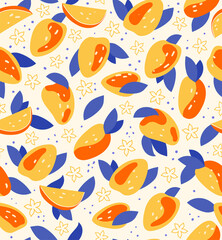 Seamless pattern with exotic whole and sliced mango isolated on beige background. Summer fruits for healthy lifestyle. Organic fruit. Cartoon style. Vector illustration for any design