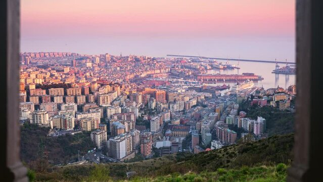 timelapse of genoa city cityscape from day to night seen from a window,time lapse of genova historic town shot at sunset panoramic skyline view 4k