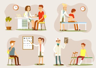 Doctor and patient measuring blood pressure. Medical treatment and healthcare poster, modern clinical analysis and treatment, medical diagnostic tests. Doctor visit in clinic vector illustration