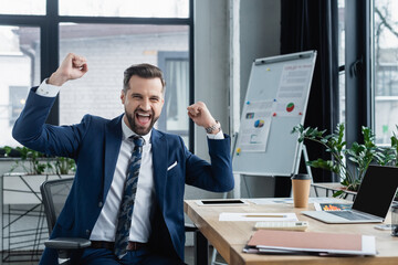 excited economist showing success gesture near work desk in office.