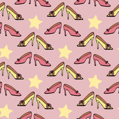 Seamless pattern with yellow and pink and stars shoes on light pink background. Vector image.