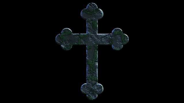 High quality dramatic motion graphic of an ornate crucifix cross icon symbol, rapidly eroding and cracking and sprouting moss and weeds, on a plain black background