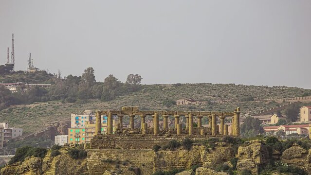 Panorama view of old Valle dei Templi Temple and cityscape in background - Sicily,Italy in Europe