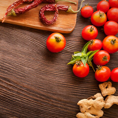 everything on wood table for the preparation of acute Italian sauce