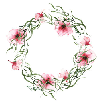 Watercolor painted floral wreath on white background. Green wild branches, leaves, red flowers