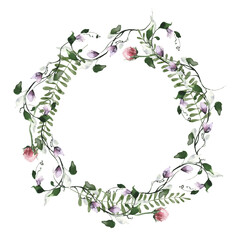 Watercolor painted floral wreath on white background. Wild violet and pink flowers, green branches, leaves. Vector