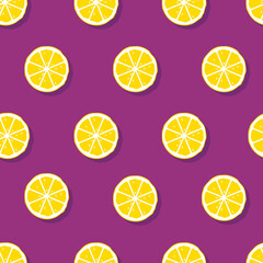 Slices of fresh yellow lemon summer background. Slices of lemons on violet background. Decorative lemon seamless pattern. Vector illustration.