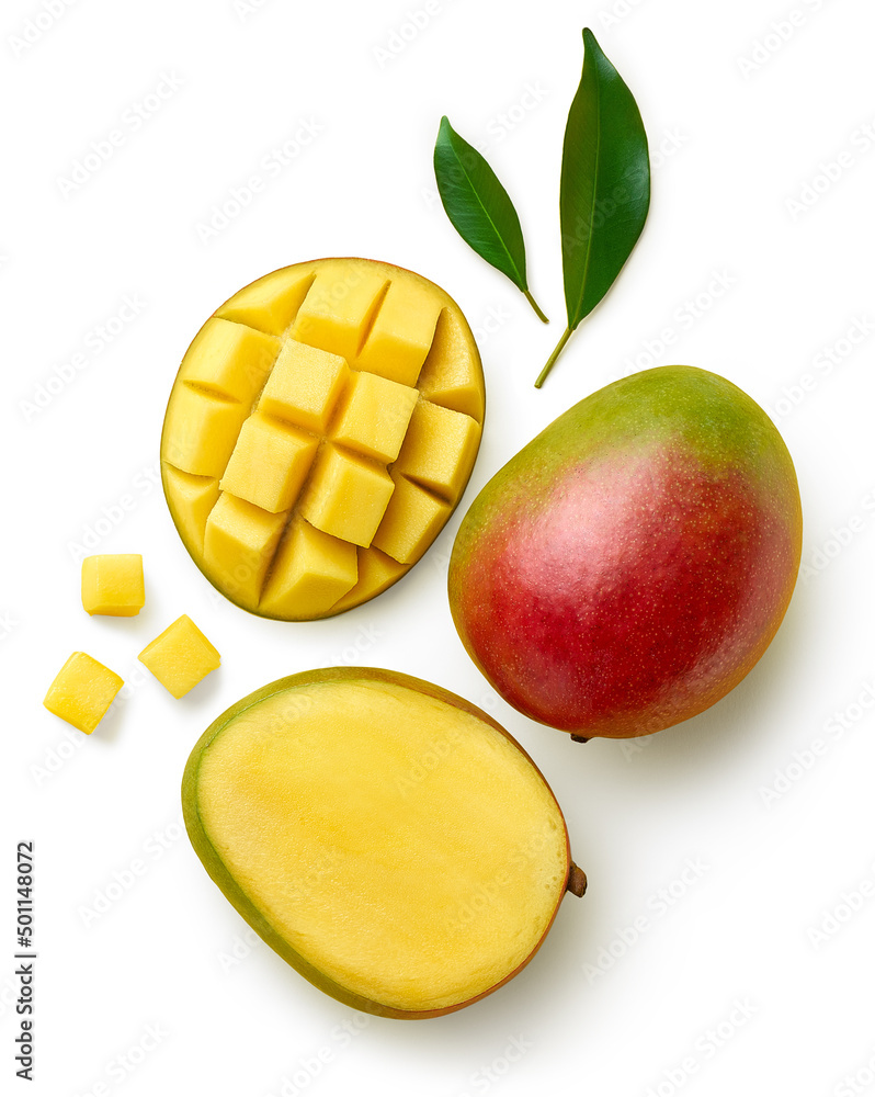 Poster fresh whole half and sliced mango fruit and leaves - Posters