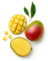 Fresh whole half and sliced mango fruit and leaves - 501148072
