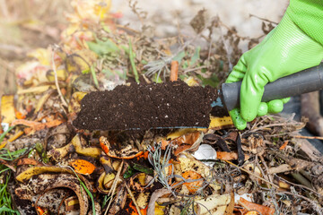 Compost on Composter with Organic Waste. Compost Soil Cycle as Composting Pile of Rotting Kitchen...