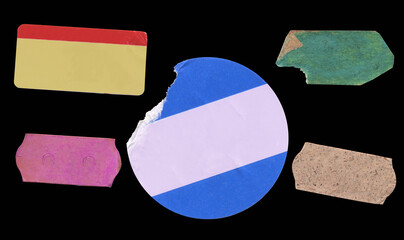 set of empty grungy adhesive price stickers, multicolored price tags, with free copy space,...