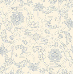 Seamless floral pattern with ornamental, Indian lotus flowers, buds and leaves in blue lines on a off white background
