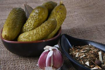 close up of the pickled cucumber cherking rural on hessian