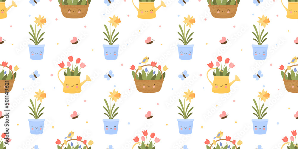 Wall mural seamless vector pattern with bouquets and pots of spring flowers. cheerful faces are smiling.