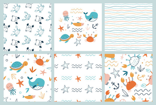 Collection of seamless patterns and prints with sea animals and abstract striped textures in cartoon flat style.