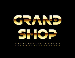 Vector premium Sign Grand Shop.  Unique Golden Font. Modern Alphabet Letters and Numbers