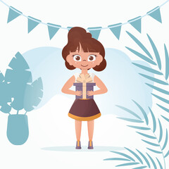 Smiling cute little girl holding a gift box with a bow. Birthday. Cartoon style.