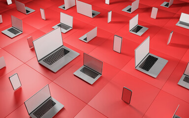 Laptops and smartphones with blank screens on red background