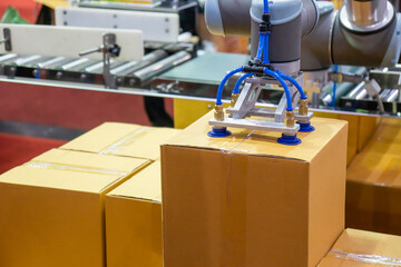 The hi-technology material handling carton box in the warehouse building by robotic system.