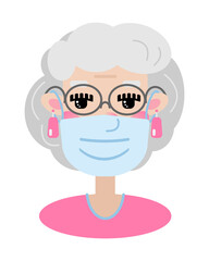 Portrait of a cute cartoon elderly woman with glasses and a smile through a protective mask against coronavirus. Funny character in a flat style. Avatar, icon, element.