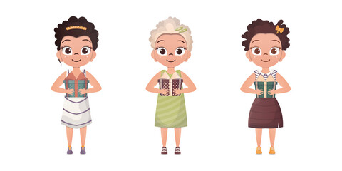 Set of little girls holding a gift box in their hands. Isolated. Flat style.