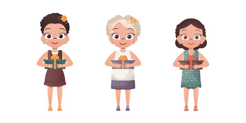 A set of little girls are holding a gift in their hands. Isolated. Flat style.