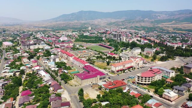 Stepanakert, Artsakh (Nagorno-Karabakh). Drone fly over Stepanakert town, Armenia, Caucasus. 