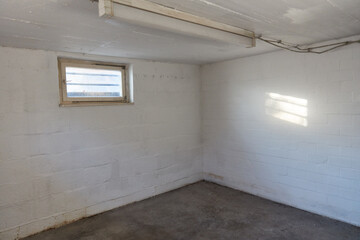 Ecke in einem leeren Kellerraum mit Fenster im Keller