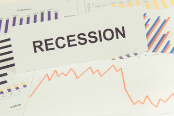 Inscription recessions and downward graphs representing financial crisis caused by coronavirus. Risk of recession around world. Covid-19