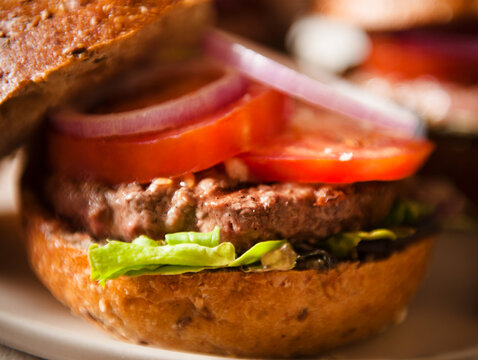 Burger Close Up With Lettuce Onion And Tomato On A Platter