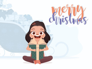 A cute little girl is holding a gift box in her hands. New Year concept. Cartoon style.