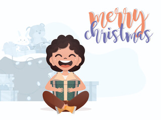 A cute little girl is holding a gift box in her hands. Merry christmas banner. Cartoon style.