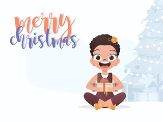 A little girl is holding a gift box in her hands. Merry christmas postcard. Cartoon style.