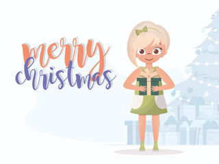 A little girl is holding a gift in her hands. Merry christmas banner. Flat style.