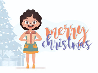 A cute little girl is holding a gift box. New Year's poster. Cartoon style.