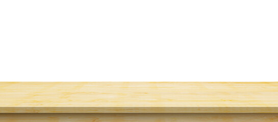 Empty wooden table top isolated on white background for product display montage