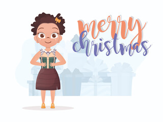 A cute little girl is holding a gift in her hands. New Year card. Flat style.