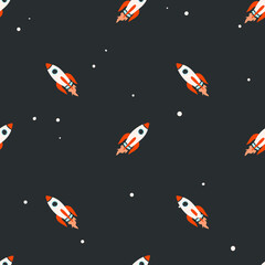 Fototapeta na wymiar Rocket ships in space seamless vector repeat pattern for kids clothing design