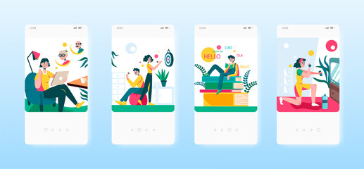 Obraz premium Home leisure. Video call chat, fitness, games, learning languages. Mobile app screens, vector website banner template.