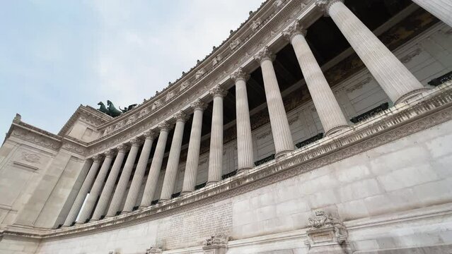 Pov low angle of beautiful old Altar of the Fatherland Building with pillars in Rome