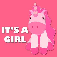It's A Girl cadr with pink unicorn 	