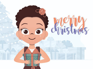 A cute little girl is holding a gift in her hands. New Year banner. Flat style.